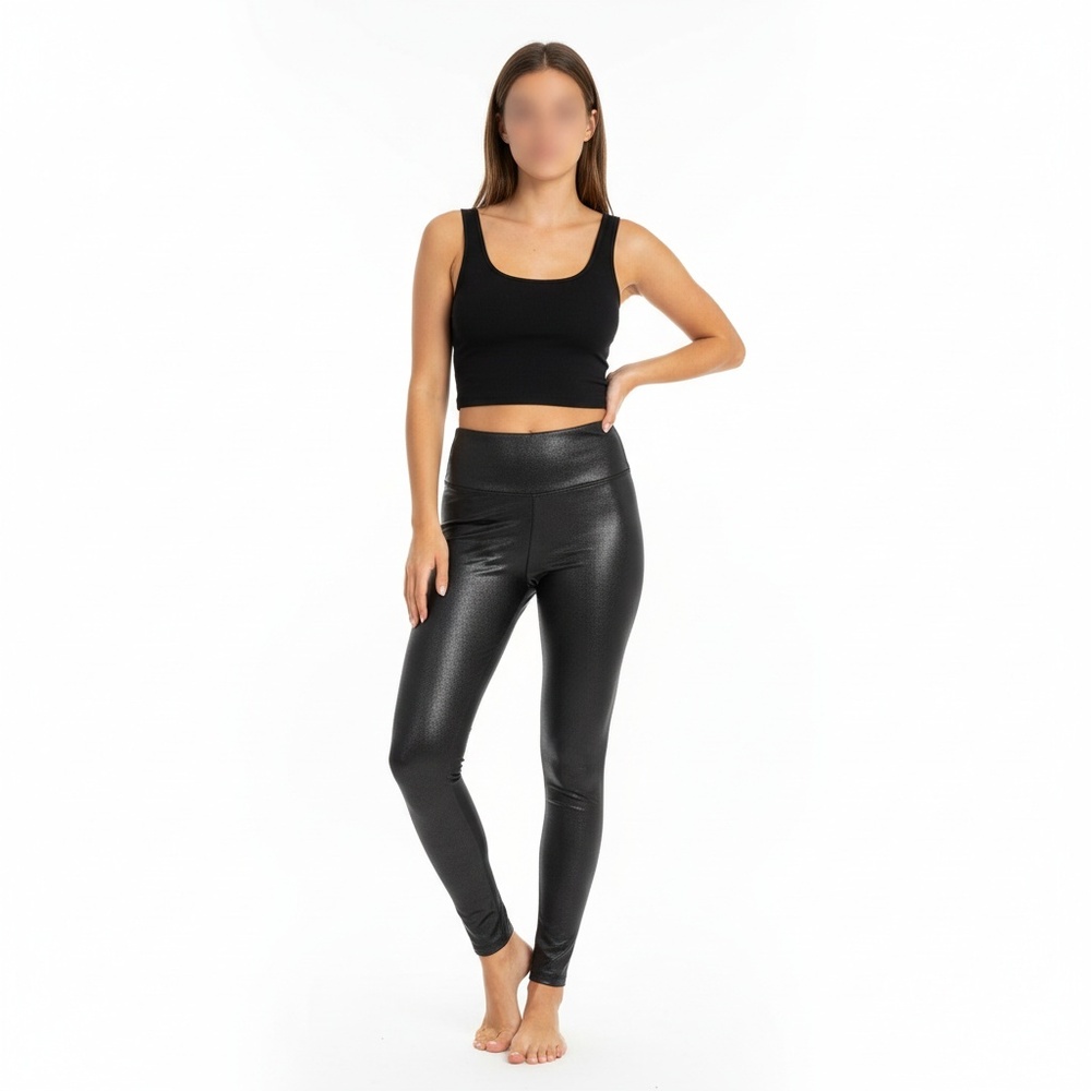 Spanx Faux Leather Shimmer Leggings M Petite Black High Rise Sculpting